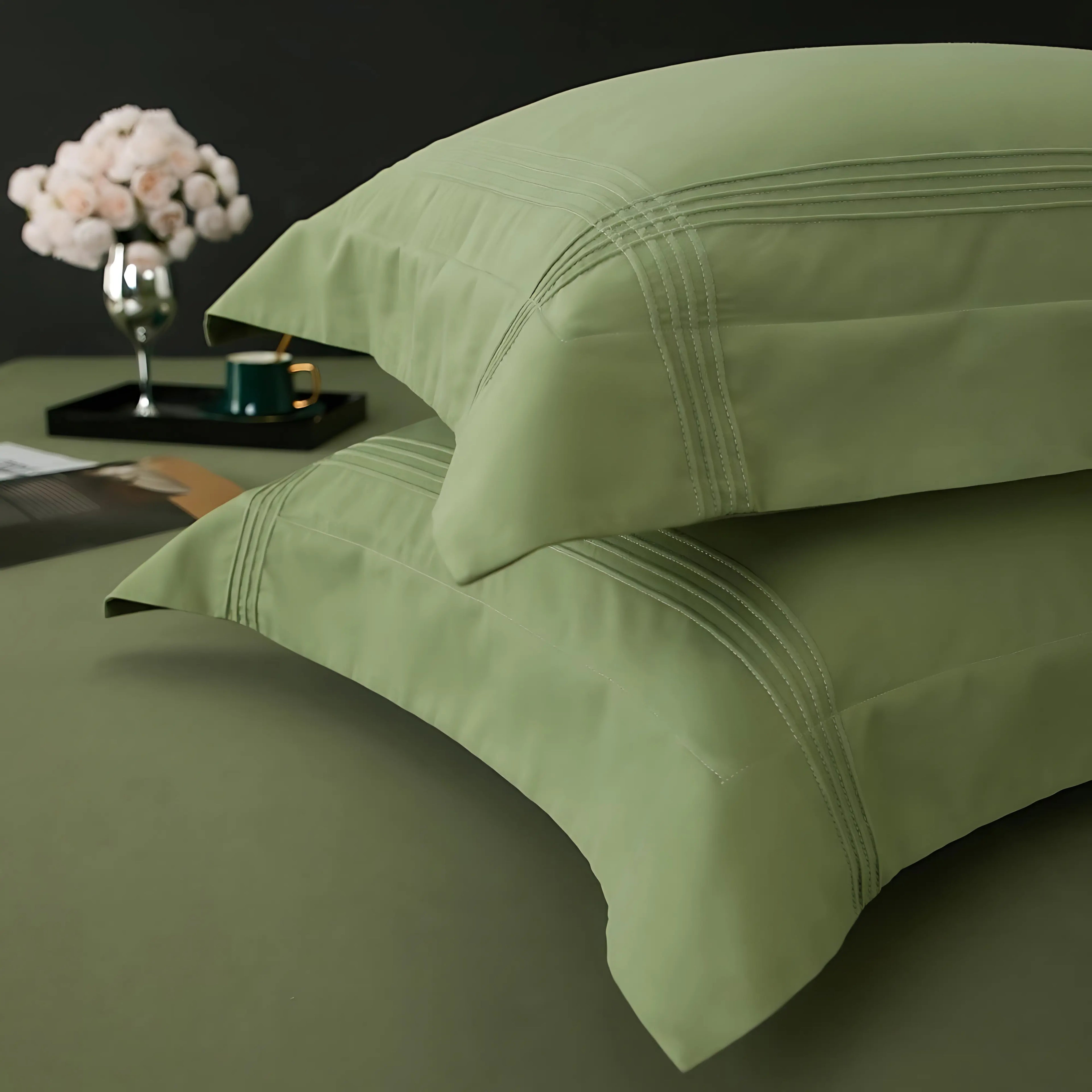 MOSS GREEN 600 THREAD COUNT DUVET COVER &amp; SHAMS